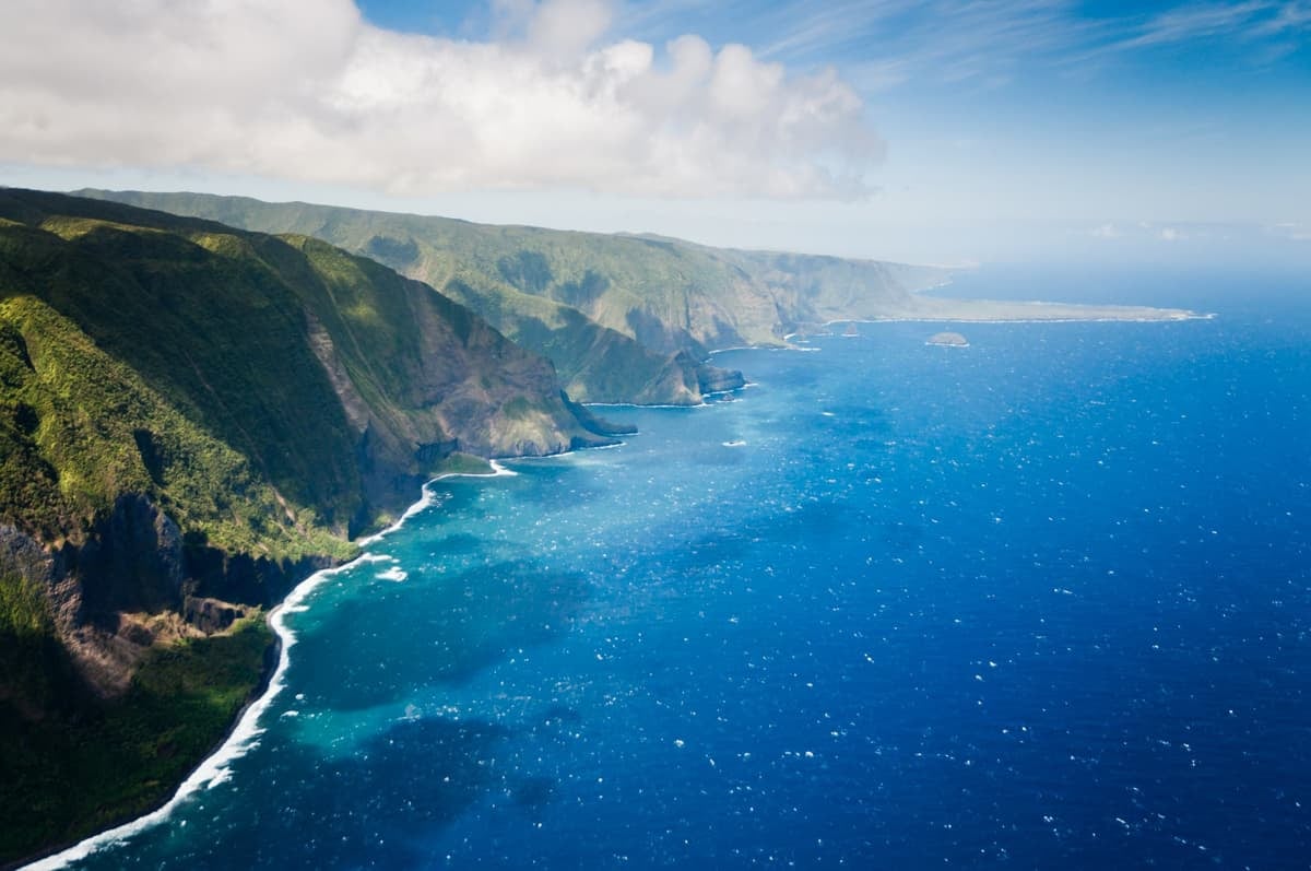 View of Molokai coastline from a scenic flight over the Hawaiian Island.