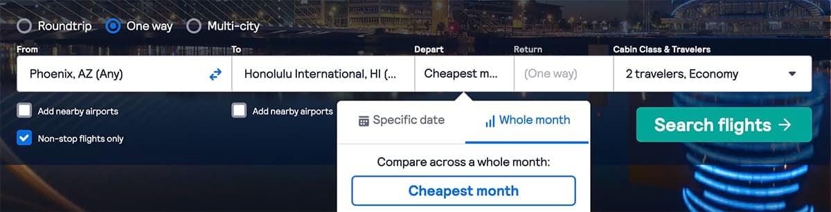 Skyscanner flight search for flights to and from Hawaii