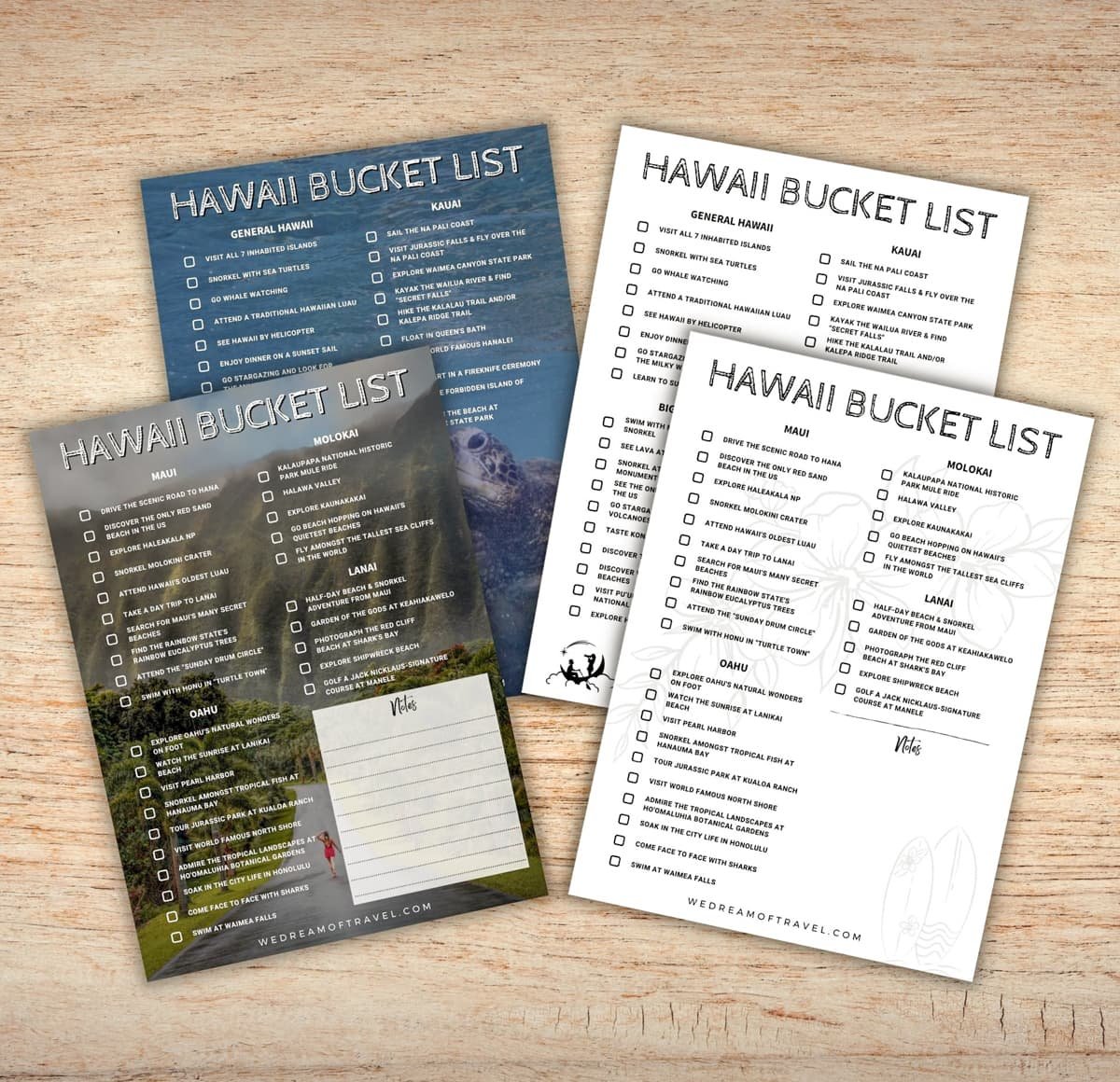 Color and black and white printable Hawaii packing lists.