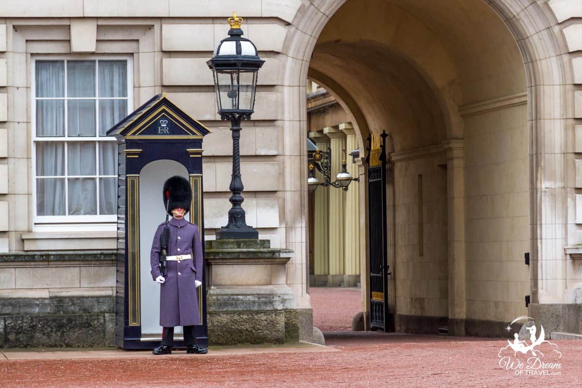 Watching the changing of the guards at Buckingham Palace in London.