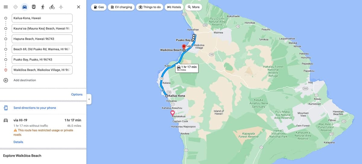 A map showing the driving route for Day 1 of a 5 day Big Island Itinerary.