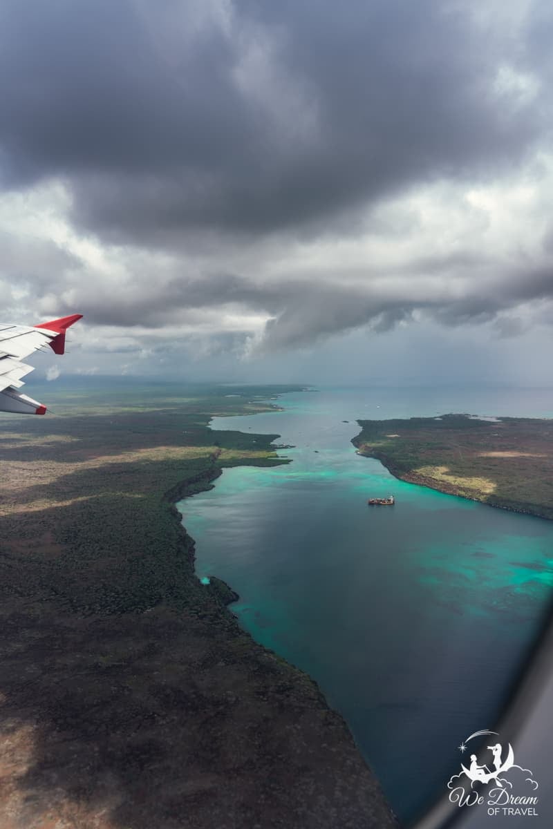 View of the Itabaca Canal flying out of Baltra Airport Galapagos.