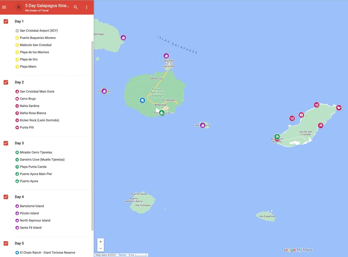 An interactive Google map showing all the best places to visit with 5 days in the Galapagos, color coded by day.
