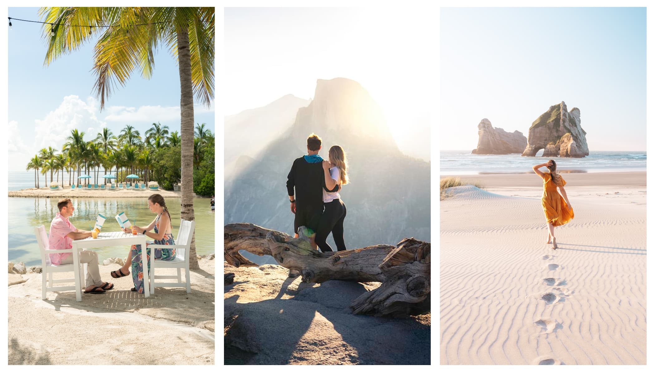 A collage of three vertical images showing Sophie and Adam of We Dream of Travel in different places. First, seated at a table on a beach in Florida Keys. Second, stood looking out at sunrise above half dome in Yosemite. Third, Sophie walking on Wharariki Beach in New Zealand towards a rock stack.
