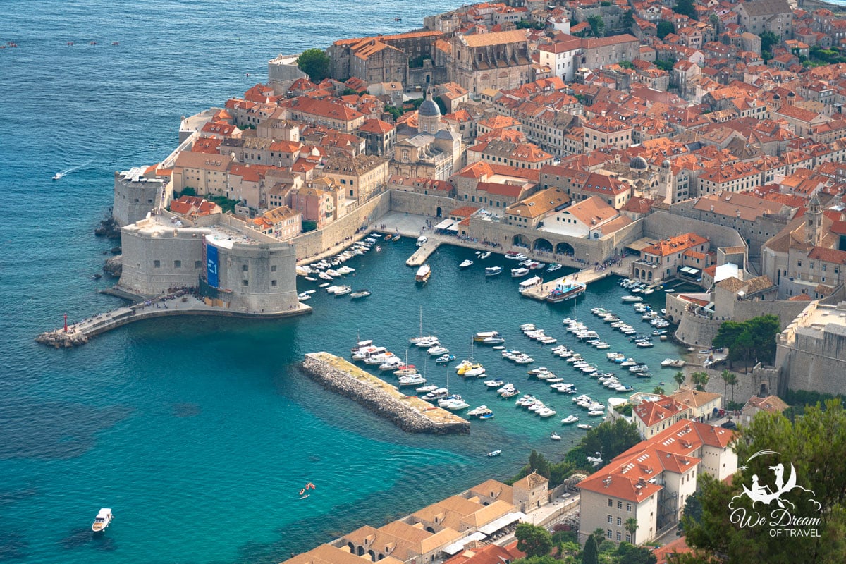 An aerial view of Dubrovnik Old City Harbor.