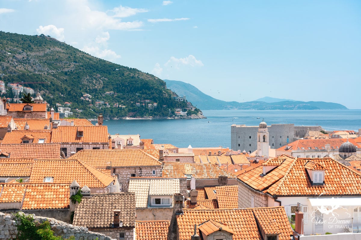 Scenic photo of Old Town Dubrovnik captured from high up on the city walls.