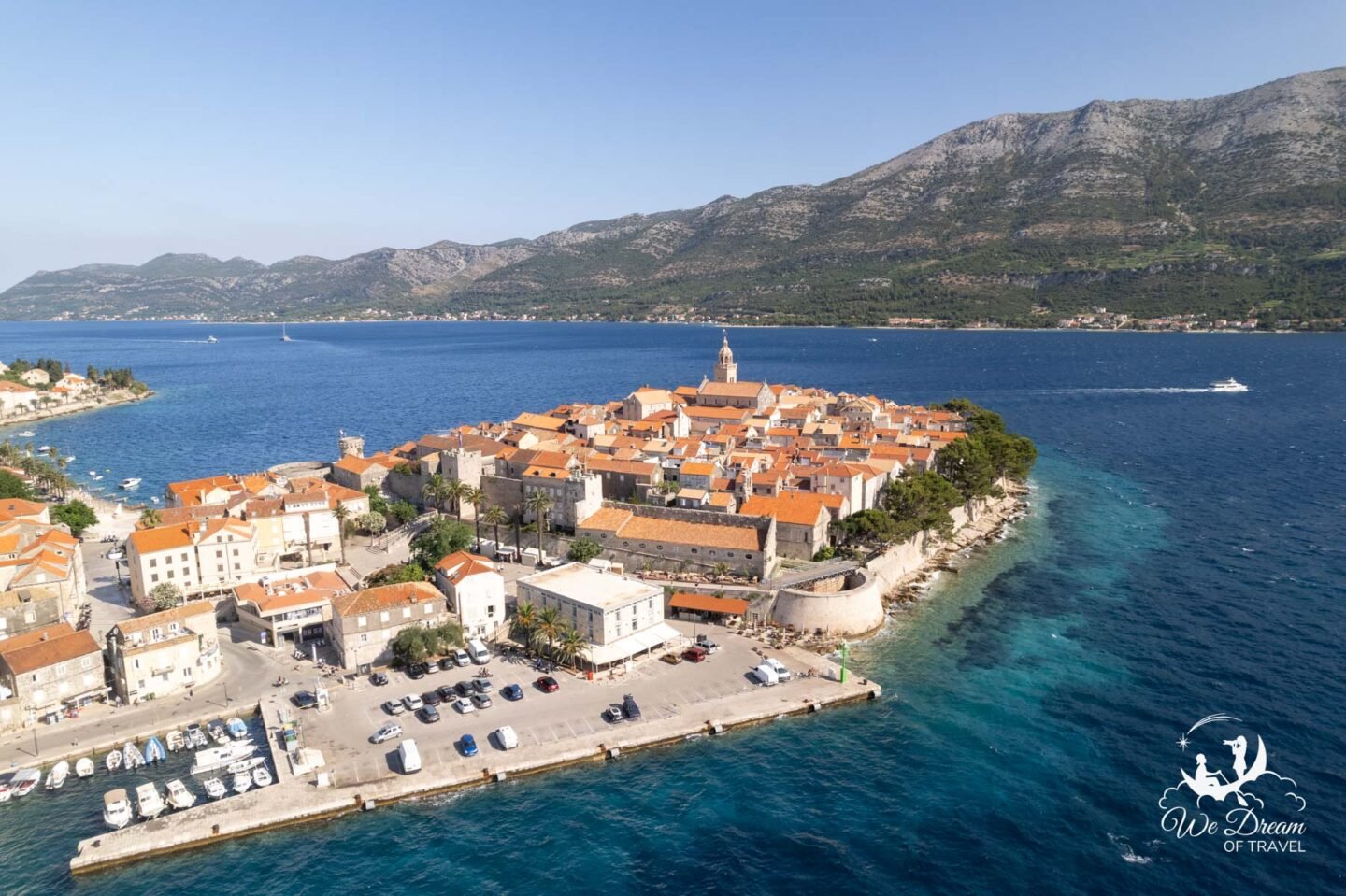 Aerial view of Korcula on a sunny day on the Dubrovnik Riviera coast.